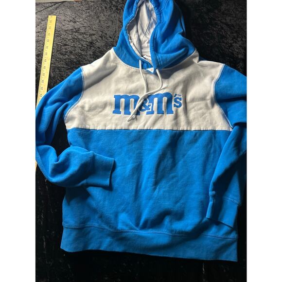 M&Ms Hoodie Mens L Blue White Colorblock Fleece Pullover Spell Out MARS 2022 - Picture 1 of 6